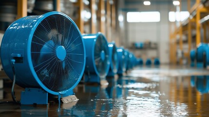 Industrial fans drying wet floor in warehouse, symbolizing water damage repair.