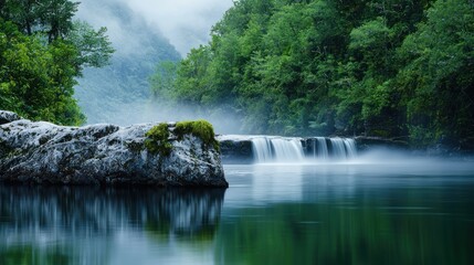 Misty Waterfall in Lush Forest