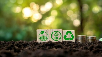 Wooden blocks with green icons and stacks of coins placed on soil against a blurred background, Highlights sustainability and eco friendly green business initiatives