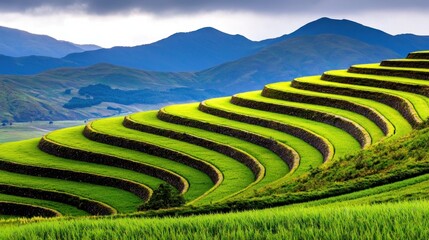 Fototapeta premium Green Rice Terraces in Mountain Valley