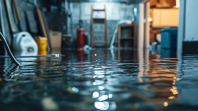 Flooded basement with deep water, ladder, and storage items.