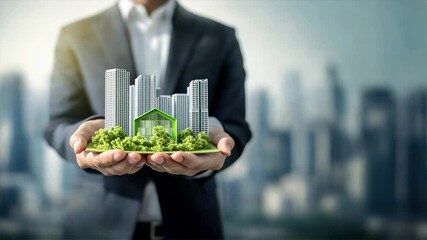 Businessman holding a green building model and a plant reflects eco friendly urban development, sustainability, and green business initiatives