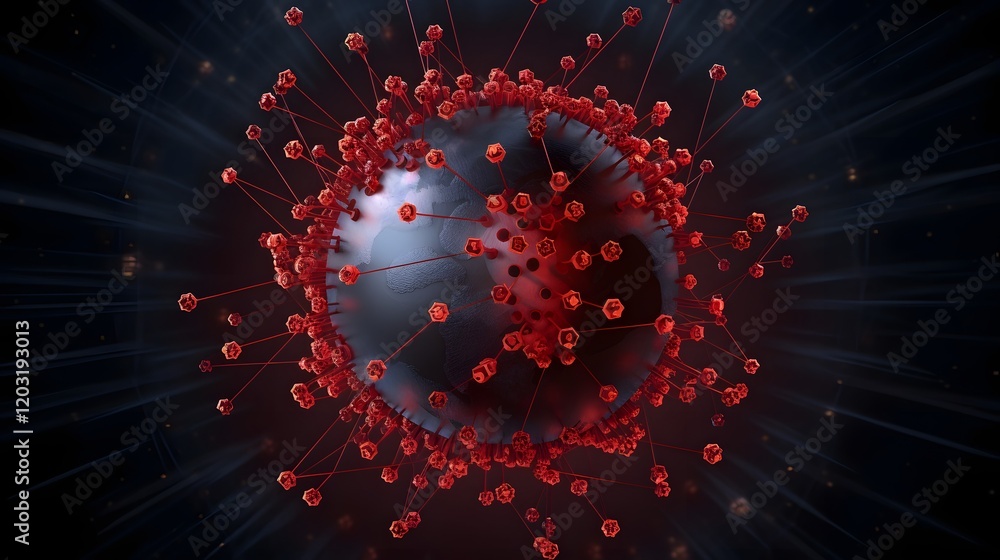 Poster of a microscopic virus particle encircling the entire globe with china located in the center symboli