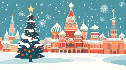 Celebrating winter holidays with a festive christmas tree in moscow russia illustration snowy scene vibrant atmosphere