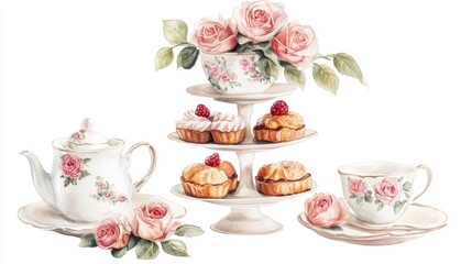 Watercolor illustration of British afternoon tea,tea break in the English style,tea set with Afternoon tea stand with macaroons and scone,cake,cup of tea,Tea time dessert table,vintage style.