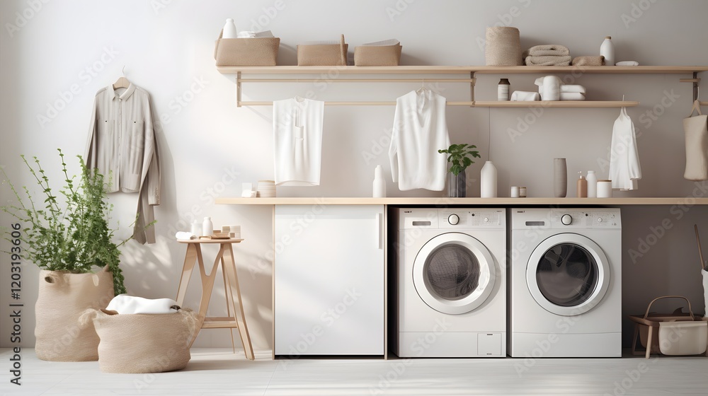 Poster tidy and inviting laundry room with neatly folded linens and garments stacked on a bright counter sh