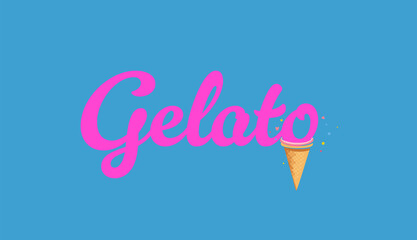 Gelato, word art, vector, vintage, retro, text, sign, cute, fun, bright, colorful, hot pink, blue, bright pink, ice cream cone, scalable vector graphic, the word 