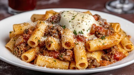 Delicious pasta with meat sauce and burrata cheese