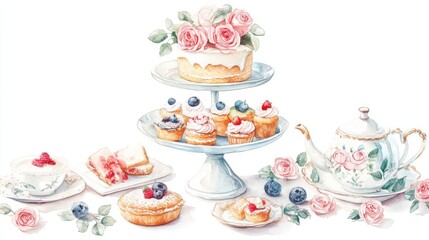 Fototapeta premium Watercolor illustration of British afternoon tea,tea break in the English style,tea set with Afternoon tea stand with macaroons and scone,cake,cup of tea,Tea time dessert table,vintage style.