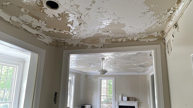 White ceiling with peeling paint and water stains, indicating damage and neglect.