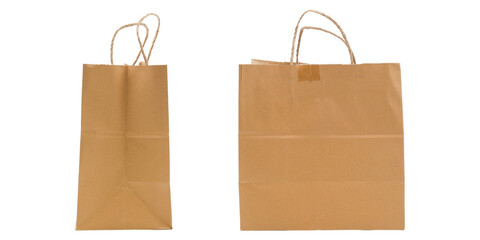 Two brown paper bags for shopping and storage. transparent background