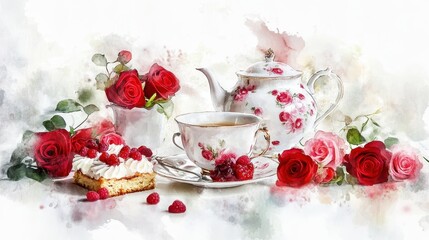 Watercolor illustration of British afternoon tea,tea break in the English style,tea set with Afternoon tea stand with macaroons and scone,cake,cup of tea,Tea time dessert table,vintage style.