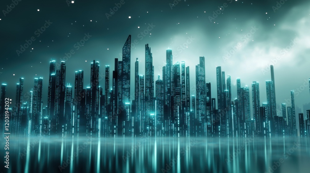 Poster technology and communication futuristic cityscape with interconnected digital networks and glowing d