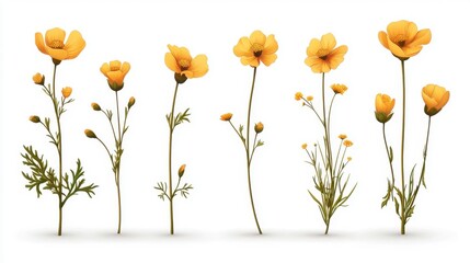 Fototapeta premium Yellow Wildflowers Collection on White Background for Nature Themes