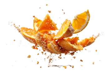 Piece of orange with a sprinkle of sugar on top. Isolated, on transparent background. PNG