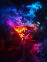 Vibrant cocktail glows mysteriously amidst swirling blue red smoke. AI Generated