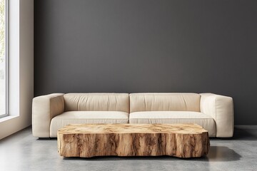 Modern living room interior with beige sofa and wooden coffee table against a dark wall.