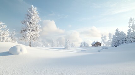 Fototapeta premium Serene winter landscape with a snow-covered field and a distant cozy cabin under a clear blue sky, surrounded by frost-tipped trees.