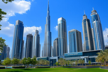 Fototapeta premium Modern Skyscrapers Against a Blue Sky