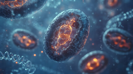 Naklejka premium Close-up view of vibrant particles in space, surrounded by cosmic energy and glowing hues.