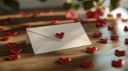 Love letter with hearts on table, flowers in background, sunlight