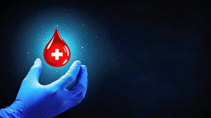 A hand in a blue medical glove holds a red drop with a cross symbol on a dark background, Highlights precision and care in blood donations and plasma donation efforts