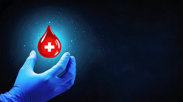 A hand in a blue medical glove holds a red drop with a cross symbol on a dark background, Highlights precision and care in blood donations and plasma donation efforts