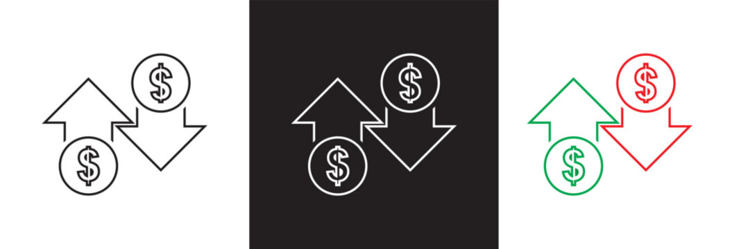 Money increase icon with arrow up symbol, dollar decrease icon .  profit and lose money vector icon.   isolated on white and black background. vector illustration. EPS 10