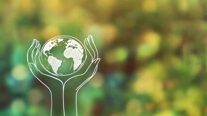 Hand drawn outline of two hands holding the Earth on a green background symbolizes eco friendly efforts, sustainability, and green business initiatives