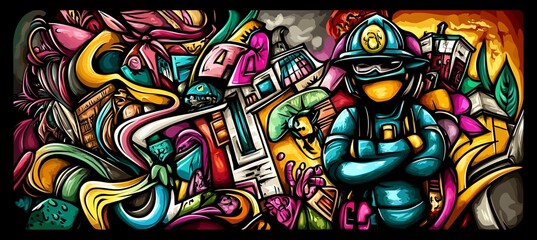 Colorful Doodle Art Firefighter Amidst Cityscape.