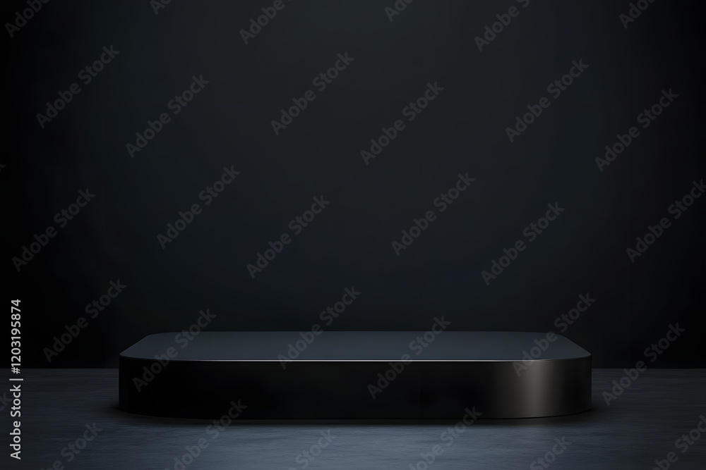 Poster black podium or pedestal display on dark background with long platform. blank product shelf standing