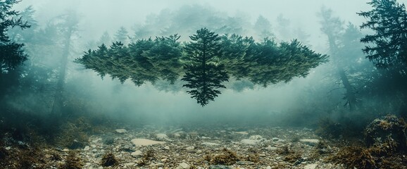 Surreal mirrored tree in foggy forest.