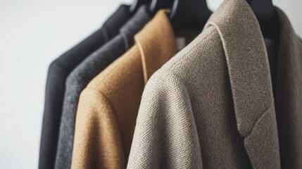 Obraz premium Beige suit fashion pieces on black hangers in luxury store stylish clothing rack display,modern fashion blog aesthetic,Business fashion,social media,shopping mall,sale online,Fashion blog.