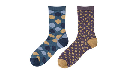 Close-up photograph of a pair of mismatched socks with different patterns isolated on transparent background