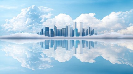 Fototapeta premium Cloudy Reflections City skyline reflected in a river with cloudy skies overhead, creating a contrast between nature and urban environment.
