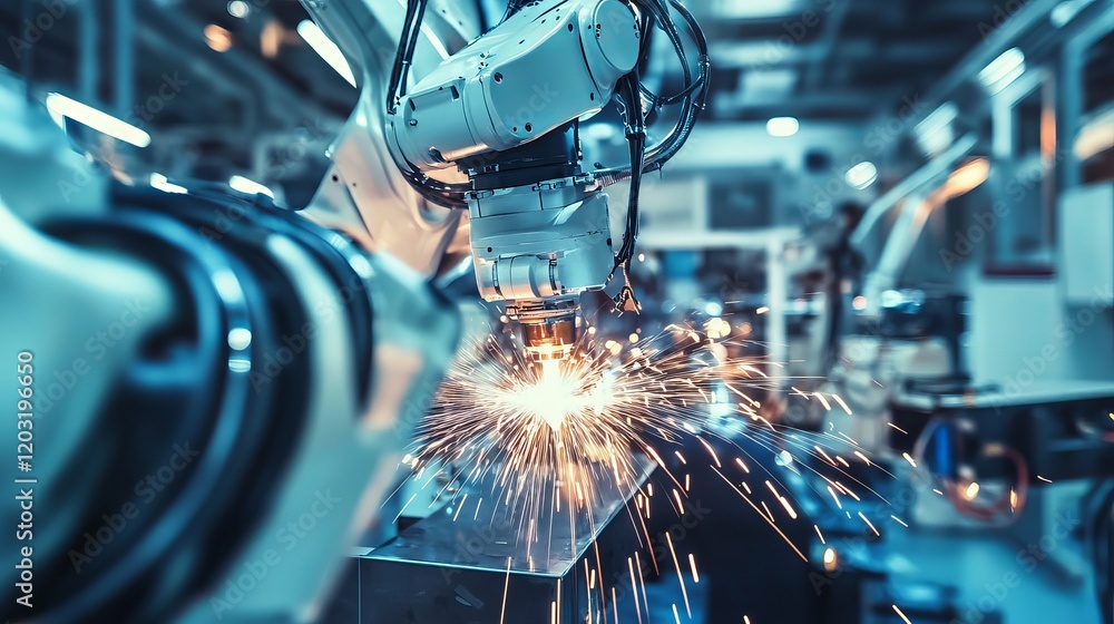 Wall mural a robot performing complex welding tasks in a futuristic automotive factory with advanced welding ro