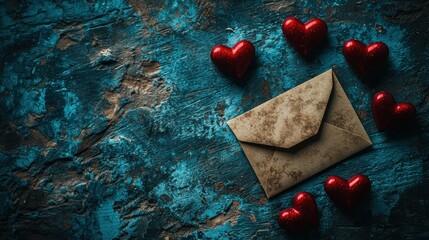 Love letter with red hearts on blue textured background
