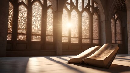 Fototapeta premium Quran in the mosque and sunlight falling from the window,Generative Ai 