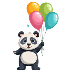 Cute panda holding colorful balloons in hands vector illustration. Character image for birthday greetings and cartoon style clothing print.