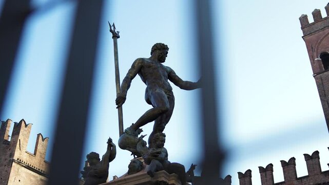 Close up view of the Fountain of Neptune in Bologna Italy.