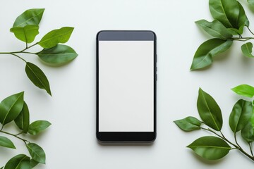 Blank phone screen, green leaves, white background, app mockup