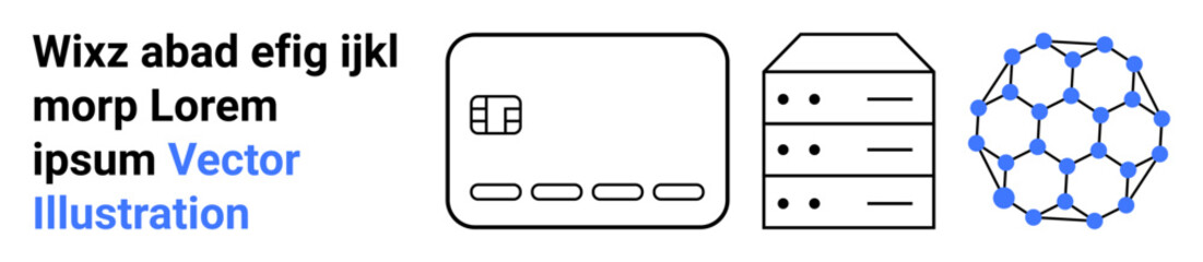 Digital payment card, data server stack, and network node structure emphasize technology and connectivity. Ideal for fintech, web hosting, IT infrastructure, blockchain, security, data storage