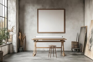 Empty square frame mockup in rustic studio.