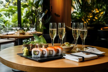 Sushi rolls and champagne on a table in a restaurant.