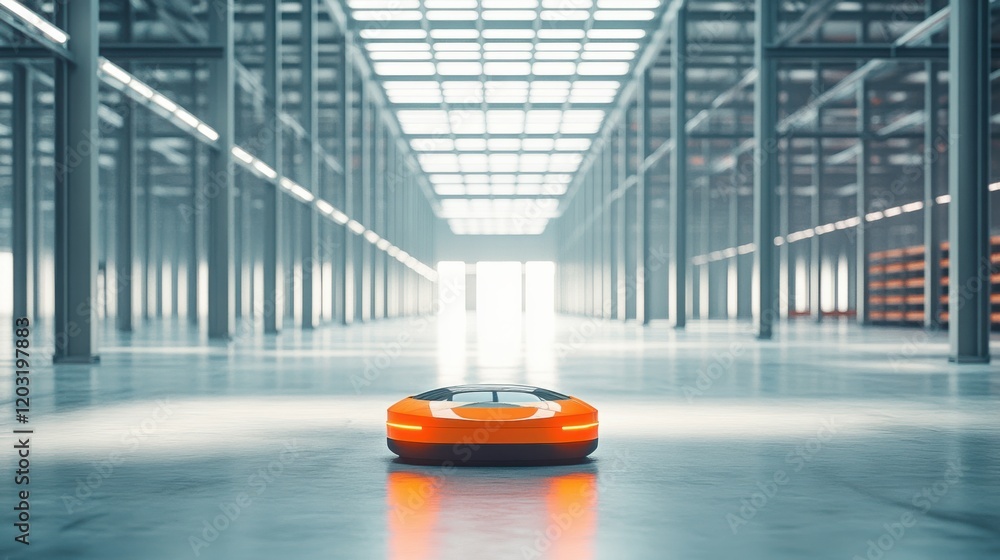 Poster automated robotic cleaner navigating a spacious warehouse with bright lighting and empty aisles