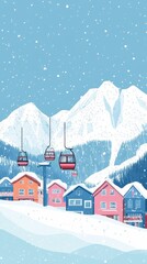 Fototapeta premium Colorful ski cabin lift for mountain skiers and snowboarders moves in the air on a cableway,ski resort with snowy hill,Skiing and snowboarding,Active vacation weekend,Winter holiday. 
