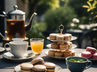 Aesthetic Brunch with Herbal Tea and Macarons on Terrace – Trendy Hard Shadows and Eco-Friendly Lifestyle

