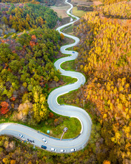 자동차,주차,곡선도로,단풍,숲,산,고개,문치재,북동리,정선군,강원도 © JinChang