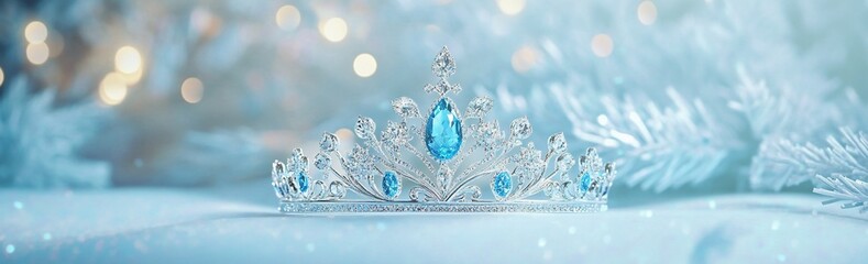 Sparkling tiara with blue gems on snowy surface, winter background.