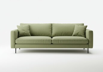 Fototapeta premium A modern minimalist sofa in light olive green with clean lines, plush cushions and black legs isolated on white background